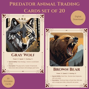 Tarjetas coleccionables de animales depredadores / 20 tarjetas de poder de animales salvajes con estadísticas e ilustraciones / Reyes de lo salvaje / Juego de cartas coleccionables digitales imprimibles