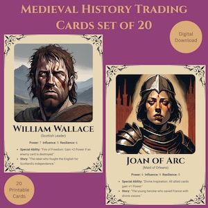 Medieval Trading Cards | 20 Authentic Figures for History Buffs | Printable TCG Set | Middle Ages Collectible Power Card Game | Digital Set