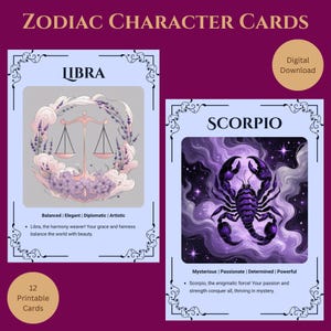 Zodiac Character Cards | Digital Download | Astrology Art | Printable Horoscope Wall Decor | Minimalist Zodiac Signs | Astrology Gift