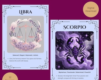 Zodiac Character Cards: Printable Astrology Art (Digital Download)