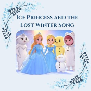 Puede incluir: Una ilustración de una princesa de hielo de ojos azules con un vestido azul con ribete de piel blanca, de pie con una criatura peluda blanca, un muñeco de nieve amarillo, una niña con un abrigo de piel blanca y un pequeño muñeco de nieve. El texto "ICE PRINCESS AND THE LOST WINTER SONG" está por encima de los personajes.