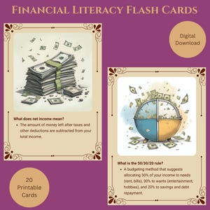 Tarjetas de estudio de educación financiera / Guía digital de estudio de presupuestos e inversiones / Finanzas personales imprimibles / Educación en administración del dinero