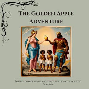 May include: A colourful illustration depicting a scene from Greek mythology. The Golden Apple is being presented to a man and woman in a dramatic pose. The text reads "The Golden Apple Adventure" and "Where courage shines and chaos trips, join the quest to Olympus!"