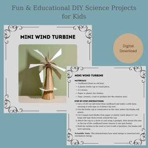 Op de afbeelding: Een printbaar doe-het-zelf wetenschapsproject voor kinderen om een mini-windturbine te maken. De instructies omvatten een lijst met materialen en stap-voor-stap instructies. Het project gebruikt karton, een plastic flesdop, rietjes, papier of plastic, tape, schaar en een spijker of duimspijker. De wetenschappelijke notitie legt uit hoe windenergie wordt omgezet in mechanische energie.