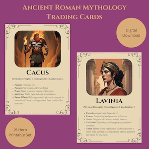 Antike römische Mythologie Sammelkarten | 15 Held Printable Set | Sammler Spielkarten für Geschichtsliebhaber | Aktivitäten im Klassenzimmer | Lustige Karten