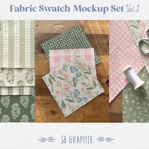 Könnte beinhalten: Stoffmuster-Mockup-Set mit verschiedenen Stoffmustern. Enthält grüne, weiße und rosa florale, gepunktete und gestreifte Designs. Eine Schere und eine Garnspule sind ebenfalls vorhanden. Der Text "Fabric Swatch Mockup Set Vol.1" steht oben.