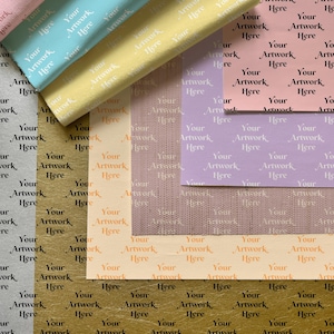 May include: A collection of fabric swatches with a repeating pattern of the text "Your Artwork Here". The swatches are in various colors, including pink, blue, yellow, purple, orange, gold, and gray.