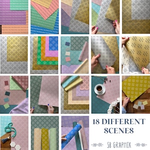 May include: 18 different scenes featuring various patterned papers in different colors, including gold, pink, blue, green, and white. The papers are arranged in a variety of ways, including stacked, folded, and spread out. The text "18 DIFFERENT SCENES" and "SB GRAFIK" is visible in the image.
