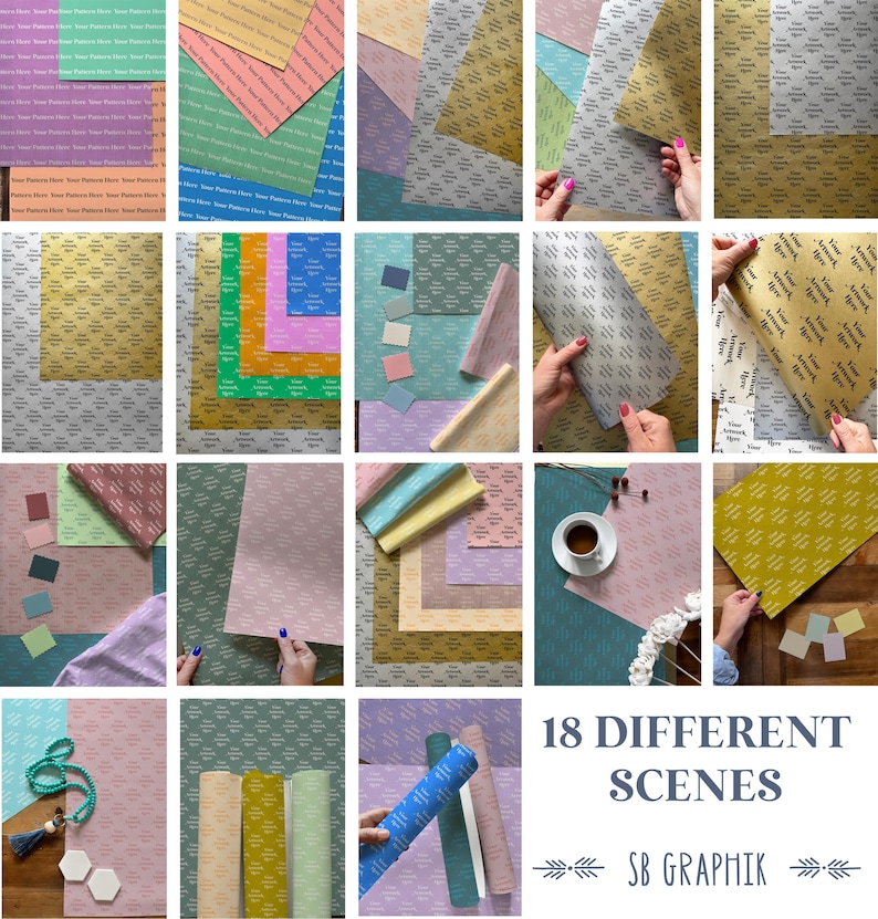 May include: 18 different scenes featuring various patterned papers in different colors, including gold, pink, blue, green, and white. The papers are arranged in a variety of ways, including stacked, folded, and spread out. The text "18 DIFFERENT SCENES" and "SB GRAFIK" is visible in the image.
