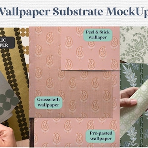 May include: A collage of different wallpaper samples, including metallic, grasscloth, peel and stick, and pre-pasted options. Each sample features a unique pattern and texture.