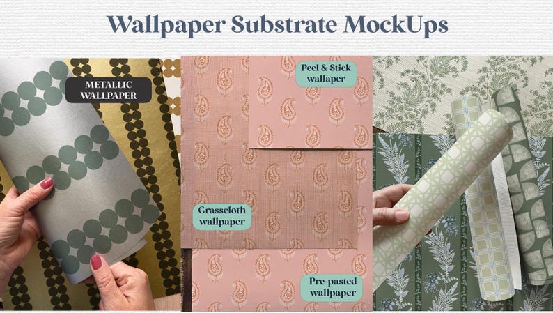 May include: A collage of different wallpaper samples, including metallic, grasscloth, peel and stick, and pre-pasted options. Each sample features a unique pattern and texture.