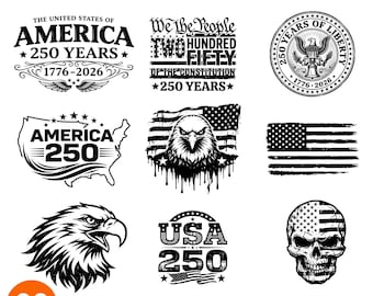 Paquete de archivos SVG del 250 aniversario de EE. UU. / Archivos de corte Cricut del 4 de julio América 250 SVG - 1776-2026 Diseños de banderas patrióticas con águilas / Descarga instantánea