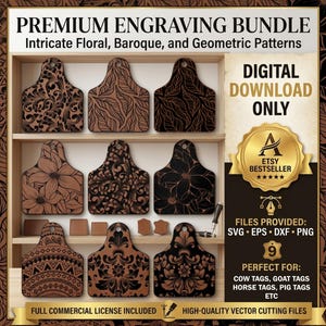 Lot d'étiquettes d'oreilles SVG | Étiquette pour bovins PNG fichier de gravure laser | Médaillon floral pour vache en cuir repoussé western | Fichier de coupe Rancher Glowforge | Écusson pour chapeau