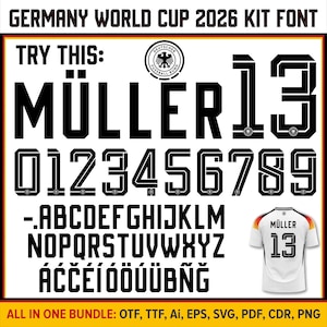 Może przedstawiać: Czcionka w kolorze czarnym i białym dla zestawu Niemcy World Cup 2026. Zawiera cyfry, litery i znaki specjalne. Pokazano koszulkę z nazwiskiem "Müller" i numerem "13". Tekst "TRY THIS:" znajduje się na górze.