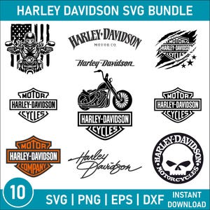 Pode incluir: Uma coleção de designs SVG Harley-Davidson em preto e branco. Inclui logotipos, ilustrações de motocicletas e o texto "HARLEY DAVIDSON SVG BUNDLE". O pacote contém 10 designs, download instantâneo.