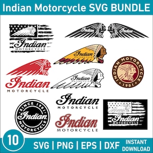 May include: A collection of Indian Motorcycle SVG designs in various styles. Includes logos, emblems, and graphics featuring the Indian Motorcycle logo, Native American head, and text. The designs are available in SVG, PNG, EPS, and DXF formats.