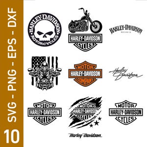 May include: A selection of Harley-Davidson motorcycle-themed logos and graphics in black and orange. Designs include a skull, motorcycle silhouettes, and the Harley-Davidson logo. The image also includes the text "SVG - PNG - EPS - DXF" and the number "10".