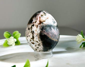 Polychrome Jasper Egg – Black, White & Pink Natural Stone | Hand-Polished Earthy Home Accent