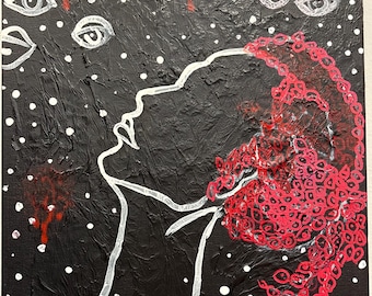 May include: Abstract painting on canvas featuring a profile in white against a textured black background. Red, circular patterns form a portion of the figure's hair. White eyes float above, and white dots are scattered throughout the artwork.