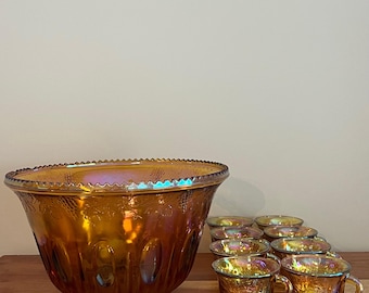 Vintage Carnival Glass Golden Harvest Punch Bowl and Cup Set