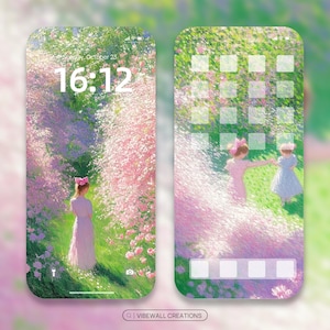 Puede incluir: Un fondo de pantalla para teléfono con un fondo floral rosa y verde. El lado izquierdo del fondo de pantalla presenta un reloj que muestra las 16:12. El lado derecho del fondo de pantalla presenta a dos chicas caminando por un campo de flores. El fondo de pantalla está diseñado con una cuadrícula de cuadrados para iconos de aplicaciones.