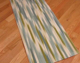 Small Wool Area Rug, Hand Woven Rug Runner, Blue White & Green Hand Dyed Ikat