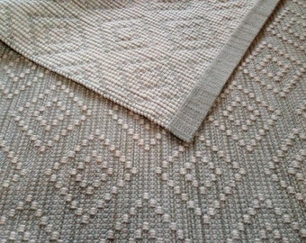 Handwoven Wool Rug,  Diamond Geometric Design, Hand Dyed Yarns, Neutral Gray Green, Natural Fibers