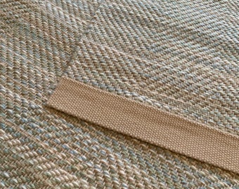 Handwoven Wool on Natural Hemp Long Runner - Soft Blue Green Naturals 4’ x 12’