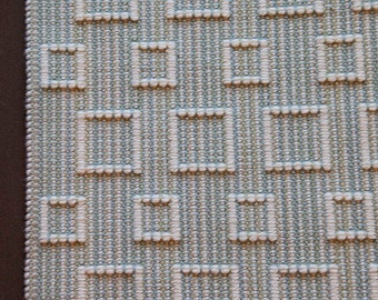 Small Wool Area Rug, Hand Woven, Geometric Blue Greens & Cream