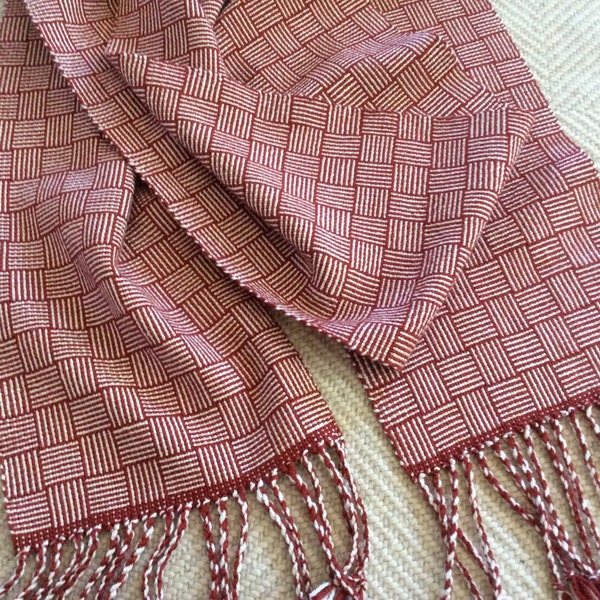 Woven Silk & Merino Wool Scarf, Handwoven, Deep Red and Natural White Silk Scarf