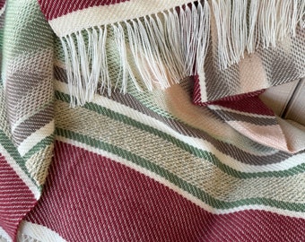 Handwoven Hand Dyed Mohair Merino Throw Red Green Brown White