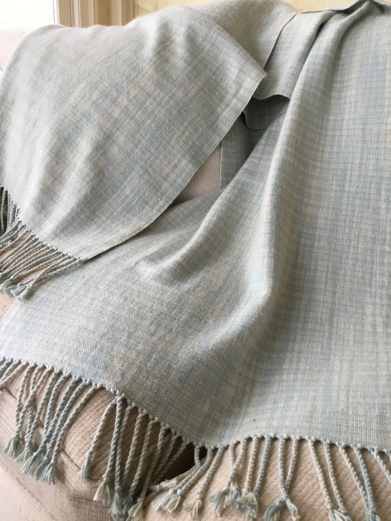Cashmere Silk Hand Dyed Ikat Effect Shawl, Hand Woven Blue White