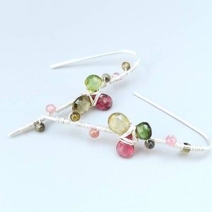 Wire Wrapped Silver Tourmaline Flower Earrings-Tourmaline Floral Earrings-Watermelon Tourmaline Earrings-Colorful Gemstone Earrings image 2