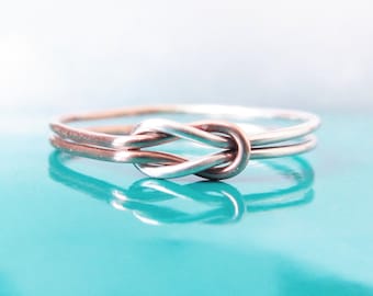 Silver Rose Gold Tie the Knot Ring-Two Tone Double Love Knot Ring-Hug Infinity Jewelry-Sailor Knot Ring-Celtic Knot Ring-Promise Ring