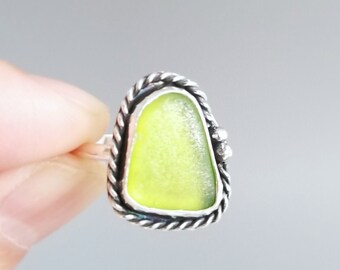 Natural Sea Glass Ring-Ring Size 7.5 Dainty Lime Green Sea Glass Ring-Simple Green Beach Jewelry-Beach Glass Jewelry-Simple Ocean Jewelry