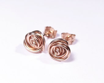 Wire Rose Flower Earrings-Wire Rose Flower Jewelry-Rose Flower Studs-Wire Flower Post Earrings-Nature inspired Jewelry-Gold-Rose Gold