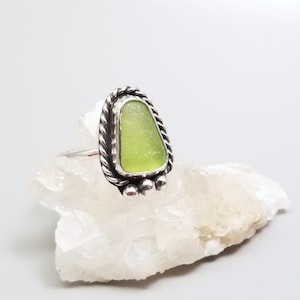Natural Sea Glass Ring-Size 6.75-Dainty Lime Green Sea Glass Ring-Small Green Beach Jewelry-Beach Glass Jewelry-Simple Ocean Jewelry