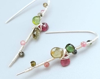 Wire Wrapped Silver Tourmaline Flower Earrings-Tourmaline Floral Earrings-Watermelon Tourmaline Earrings-Colorful Gemstone Earrings