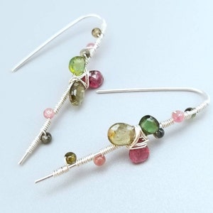 Wire Wrapped Silver Tourmaline Flower Earrings-Tourmaline Floral Earrings-Watermelon Tourmaline Earrings-Colorful Gemstone Earrings image 1