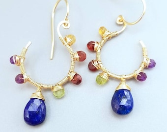 Gold Lapiz Lazuli Earrings-Wire Wrapped Multi Gemstone Earrings-Wire Wrapped Flower Gemstone Earrings