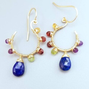 Gold Lapiz Lazuli Earrings-Wire Wrapped Multi Gemstone Earrings-Wire Wrapped Flower Gemstone Earrings image 1