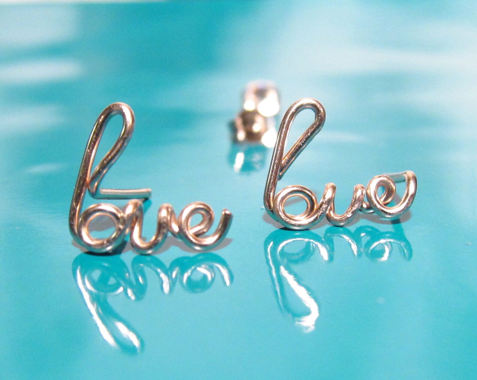 Rose Gold Love Earringsgold Wire Love Studssilver Cursive Etsy