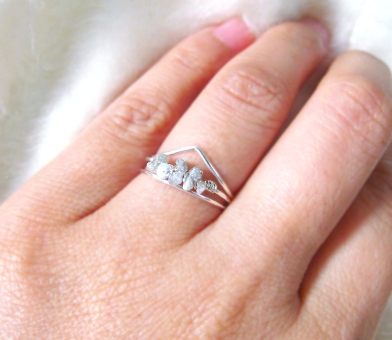 White Raw Diamond Ring-Sterling Silver Uncut Diamond Ring-Rough Diamond Engagement Ring-April Birthstone Gift-April Birthstone Stacking Ring