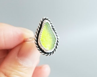 Simple Sea Glass Ring-Dainty Natural Lime Green Sea Glass Ring-Green Beach Jewelry-Beach Glass Jewelry-Simple Ocean Jewelry-Size 7.5