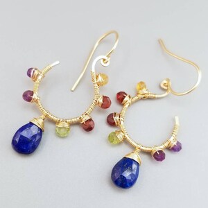 Gold Lapiz Lazuli Earrings-Wire Wrapped Multi Gemstone Earrings-Wire Wrapped Flower Gemstone Earrings image 4