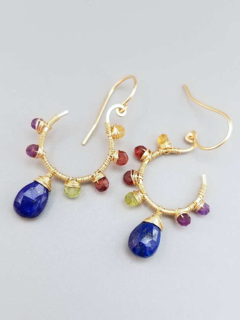 Gold Lapiz Lazuli Earrings-Wire Wrapped Multi Gemstone Earrings-Wire Wrapped Flower Gemstone Earrings image 4