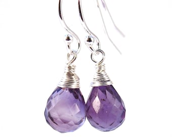 Wire Wrapped Purple Amethyst Earrings-February Birthstone Gift-Purple Gemstone Earrings-Purple Jewelry-Birthday Gift-Sterling Silver