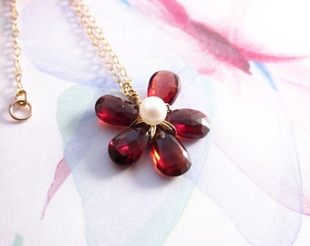 Gold Red Garnet Flower Necklace-Red Flower Necklace-Red Garnet Jewelry-January Birthstone Necklace-Red Gemstone Necklace-Gold-Rose Gold