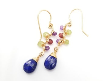 Gold Lapiz Lazuli Earrings-Wire Wrapped Multi Gemstone Earrings