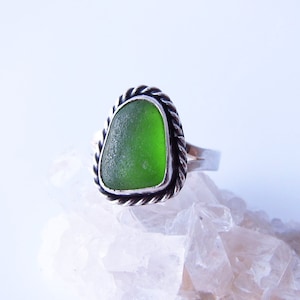 Silver Green Sea Glass Ring Size 7-Natural Sea Glass Jewelry-Natural Beach Jewelry-Ocean Gift-Bezel Set Sea Glass Ring-Coast Jewelry